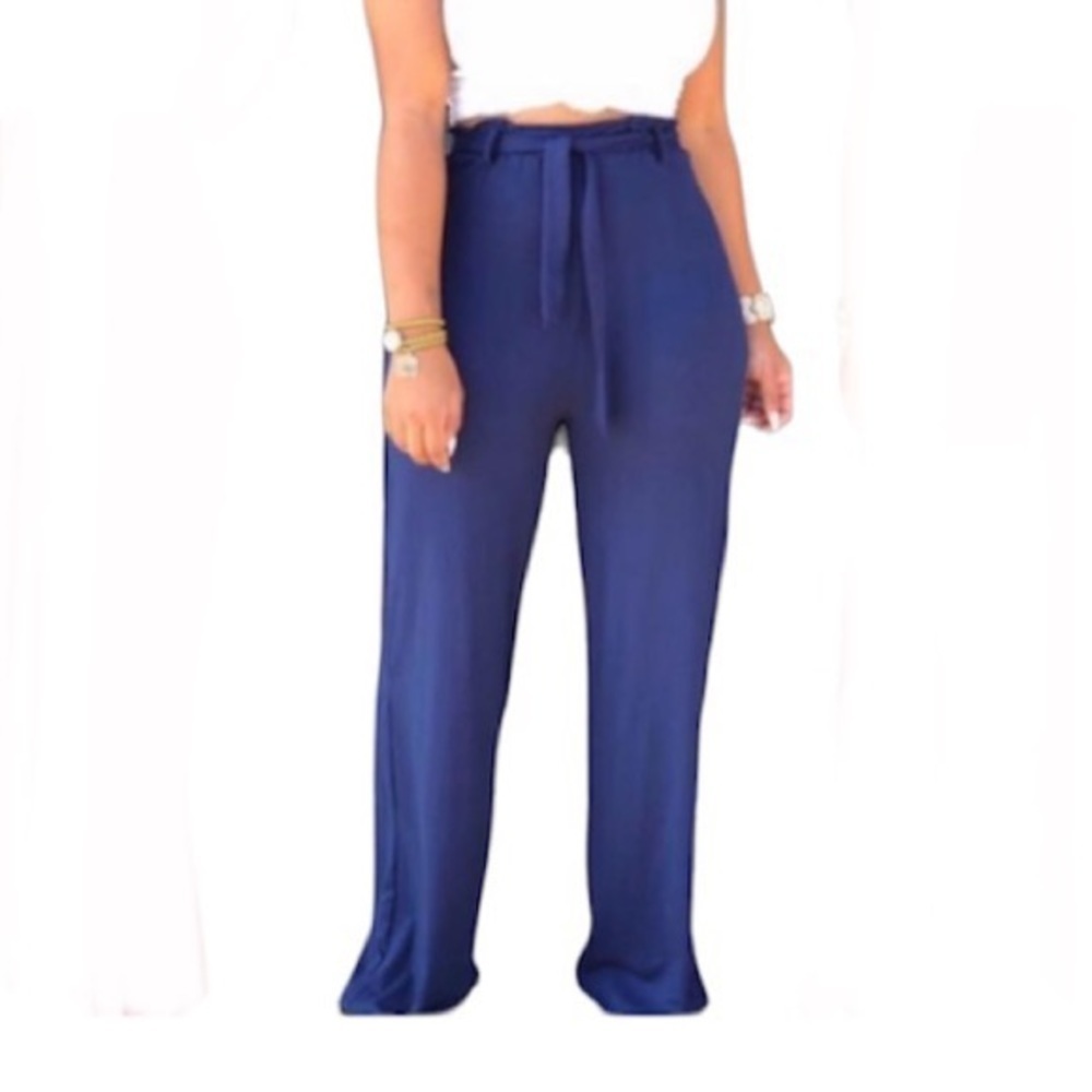 Navy Blue pants. Wide leg. Tie belt. Small.